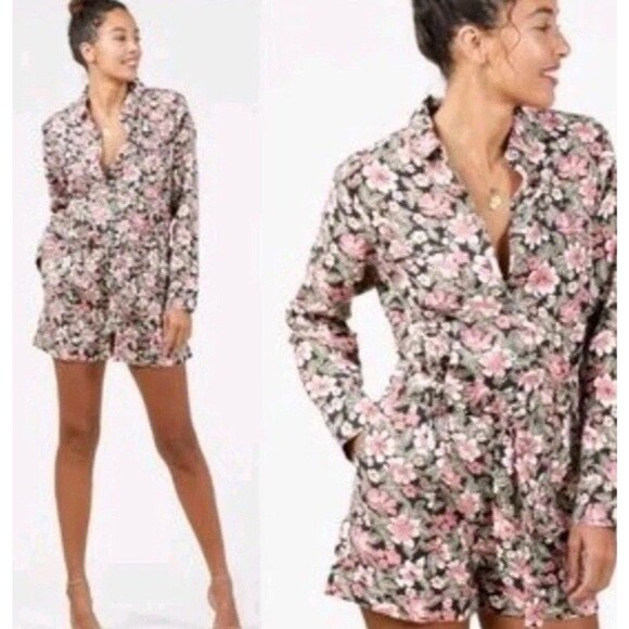 Outerknown Pants - Outerknown Wander Linen & Cotton Romper Shorts Small Black Pink Floral Cottage